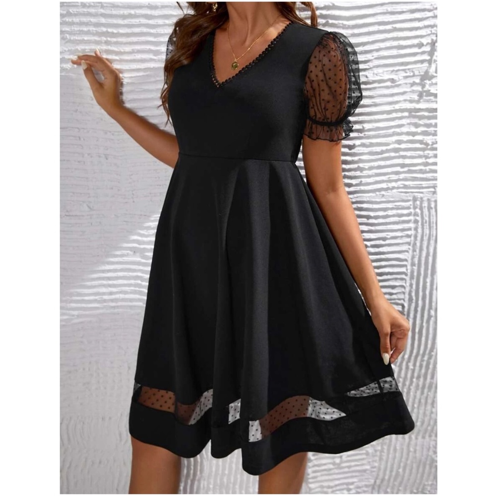 Maternity Black Swiss Dot Sheer Puff Sleeve Dress - Picture 2 of 4